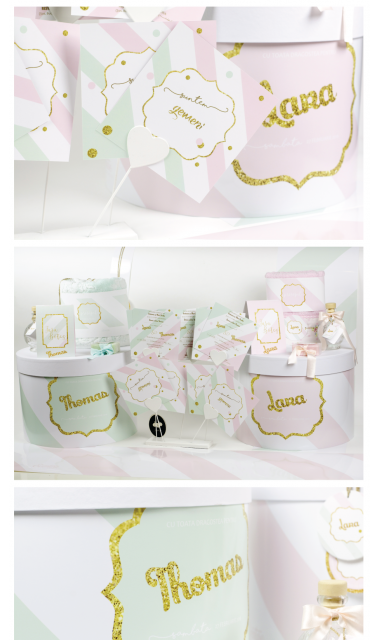 Trusou de botez pentru gemeni sau unisex in roz si verde menta, Gold Mint & Pink  4